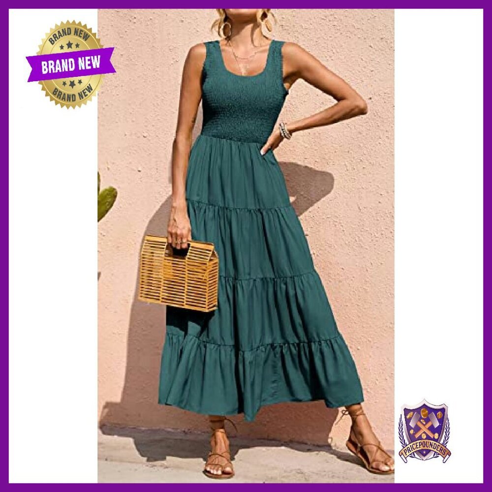 Smocked Tank Maxi Dress Tiered Long Sleeveless Spring Beach Casual - Picture 3 of 8